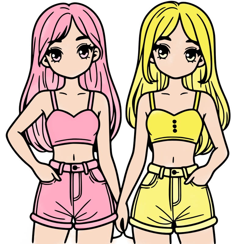two sisters with crop tops and jean shorts and straight hair