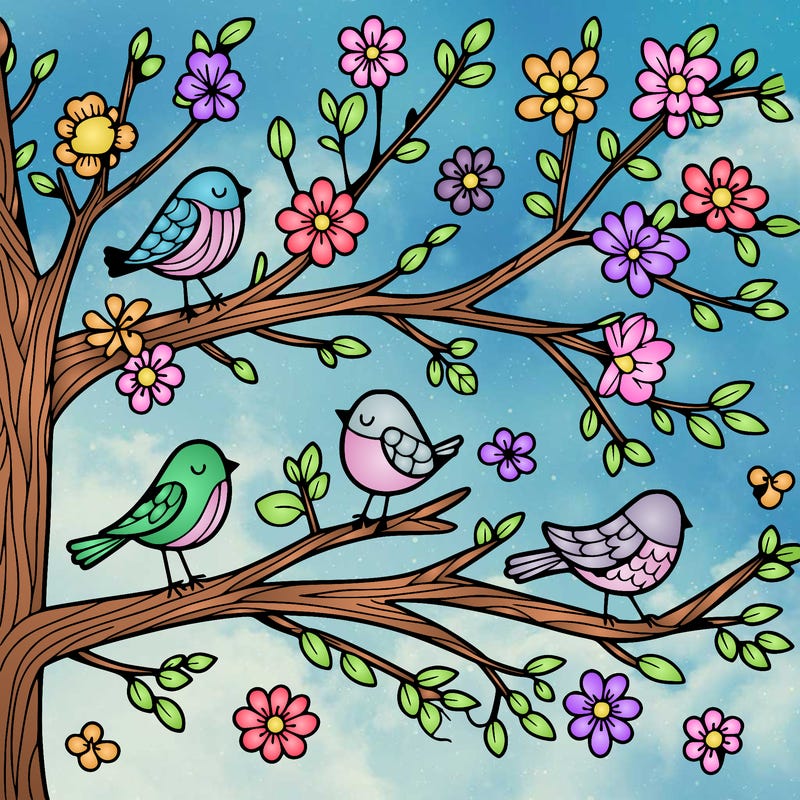 tree branches with birds and flowers