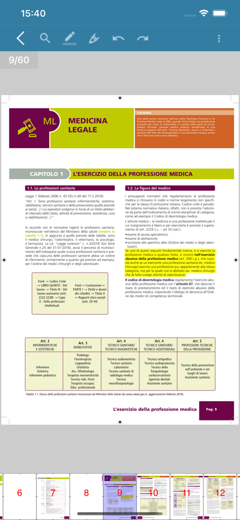 Manuali AIMS - A digital medical manual page from the Manuali AIMS app showing legal medicine content with text highlighting and study tools.