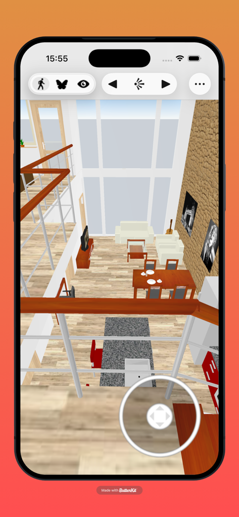 Room Arranger - A detailed 3D visualization of a multi-level living room and dining area layout within the Room Arranger app