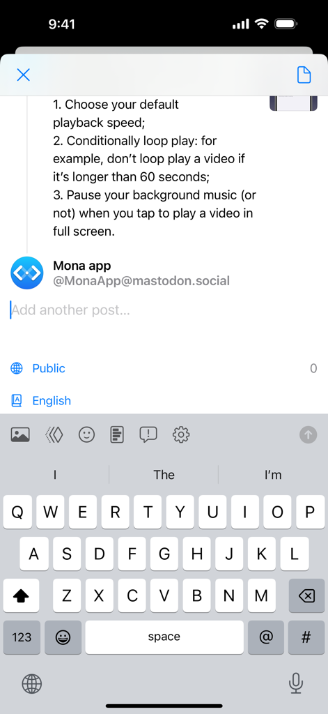 Mona Classic - Mona Classic post composer interface with thread creation and keyboard open