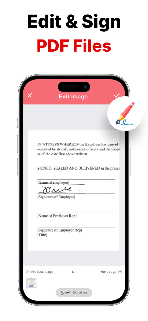 Photo to PDF - PicDoc - Interface of the PicDoc app showing how to sign a digital document on a smartphone