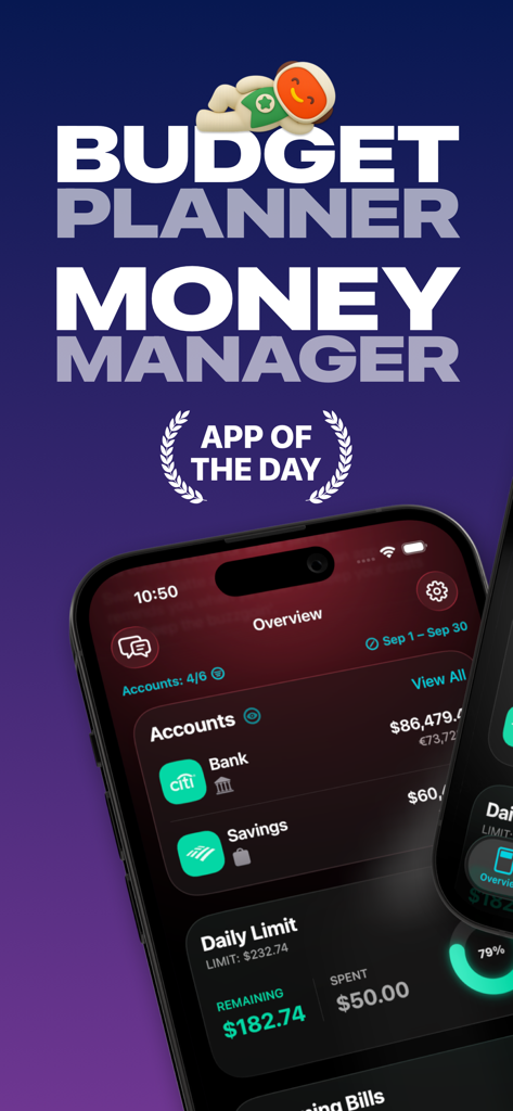 MoneyCoach: Budget Planner - MoneyCoach mobile App Dashboard mit Finanzkonten und täglichem Ausgabenlimit
