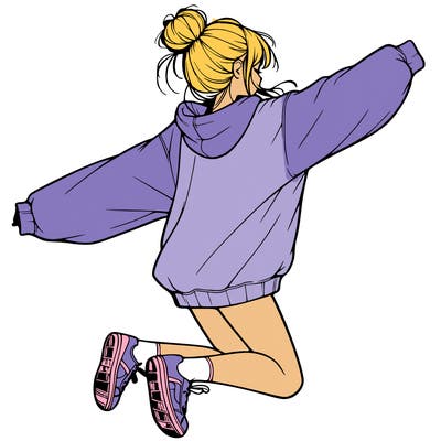 realistic girl jumping with a bun and oversized sweatshirt