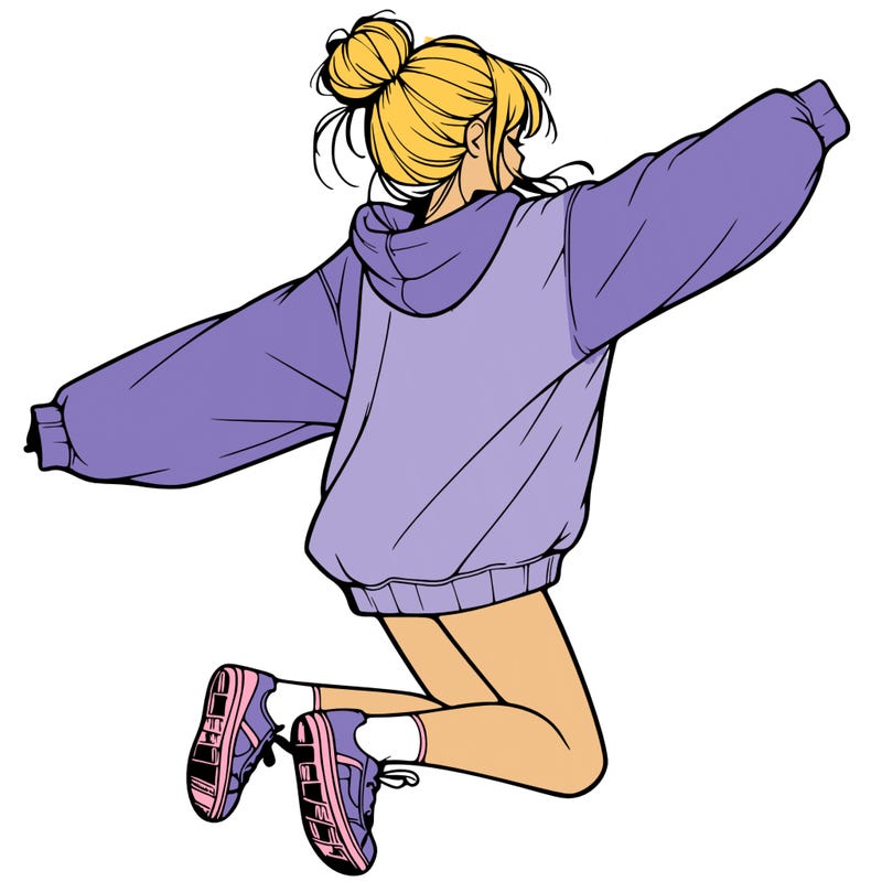 realistic girl jumping with a bun and oversized sweatshirt