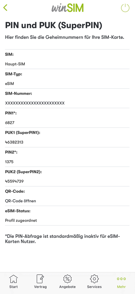 winSIM Servicewelt - Sicherheitsdetailbildschirm in der winSIM-App mit PIN- und PUK-Codes für eine eSIM