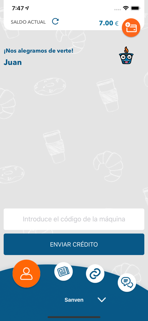 Sanven - Home screen of the Sanven mobile app showing a user balance and an input field for entering a vending machine code.