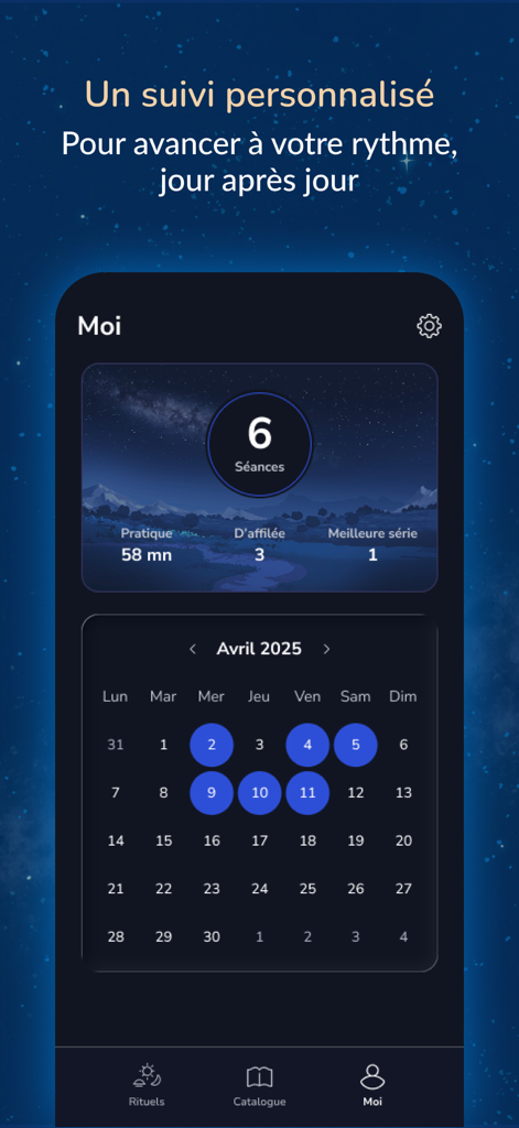 Sommeil avec Petit BamBou - Página de perfil de usuario de la aplicación Dormir con Petit BamBou mostrando un calendario y estadísticas de rituales de sueño.
