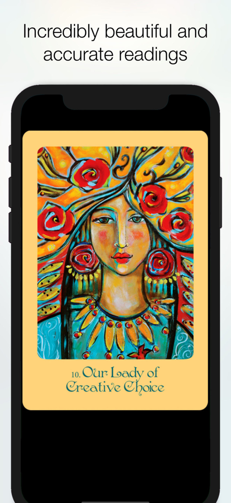 Smartphone-Bildschirm zeigt eine farbenfrohe Orakelkarte mit dem Titel Unsere Liebe Frau der kreativen Wahl aus der Mutter Maria Orakel App