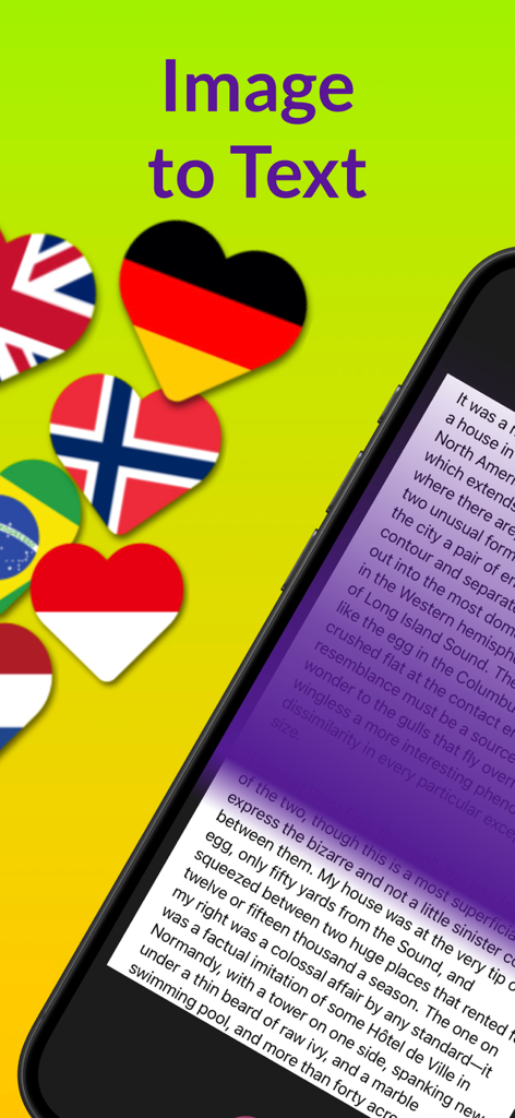 Interfaccia dell'app Scanner Libri OCR che mostra la conversione da immagine a testo con bandierine a forma di cuore che simboleggiano il supporto multilingue.