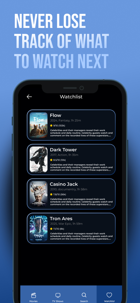 A smartphone showing the MyFlixer movie watchlist interface with a list of saved films like Flow and Dark Tower