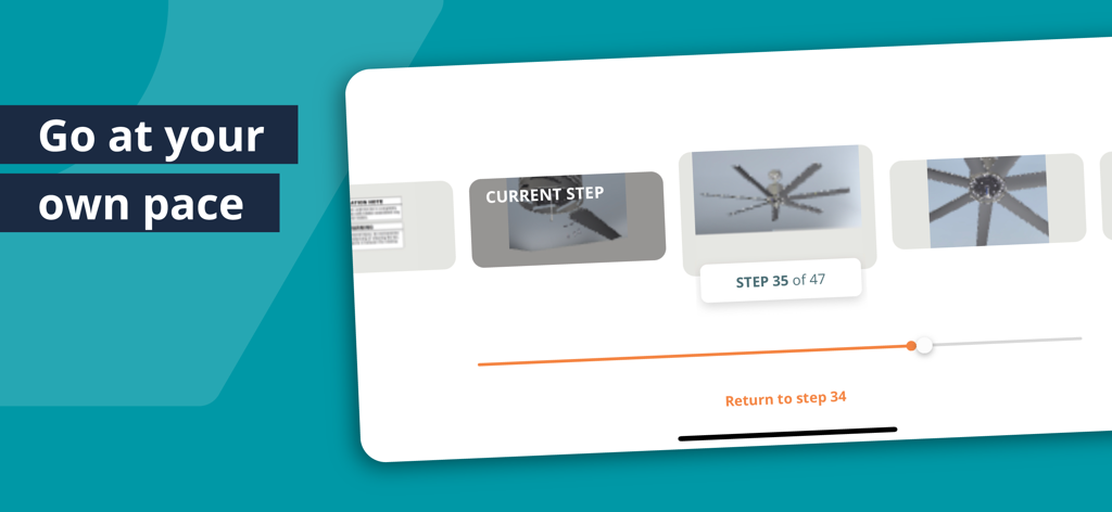 BILT app user interface showing a progress bar and thumbnail previews for individual assembly steps of a ceiling fan with the text Go at your own pace