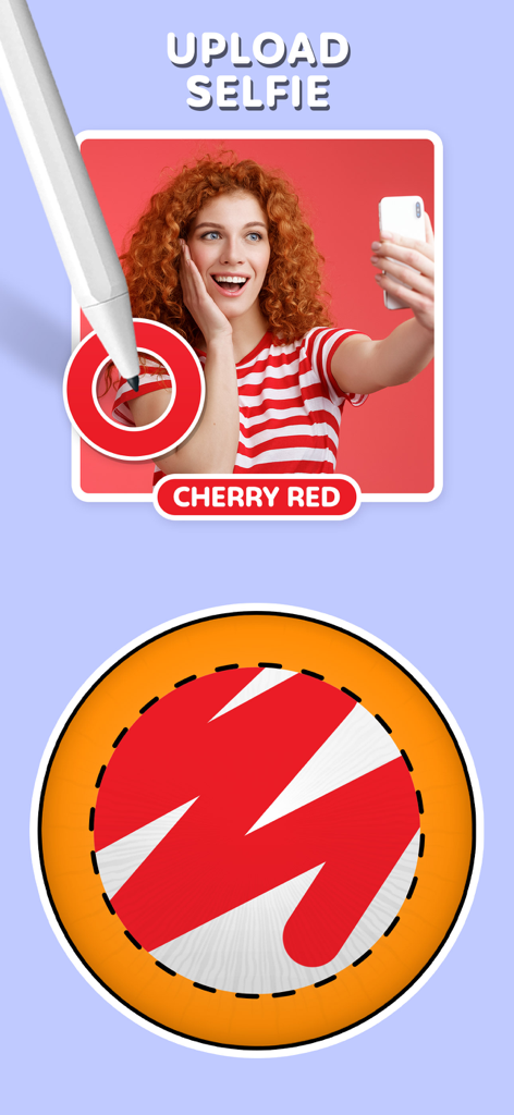 Interface showing a selfie upload and a stylus picking a cherry red color from a shirt to create a custom palette