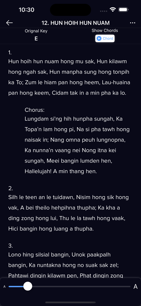 ZomiVerse - Display of Zomi hymn lyrics with chord options in the ZomiVerse app