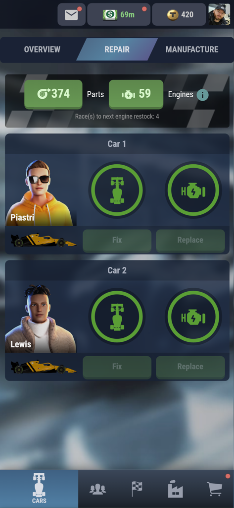 iGP Manager 26 - Il menu di riparazione auto e manutenzione motore in iGP Manager 26 che mostra i profili dei piloti e lo stato delle parti