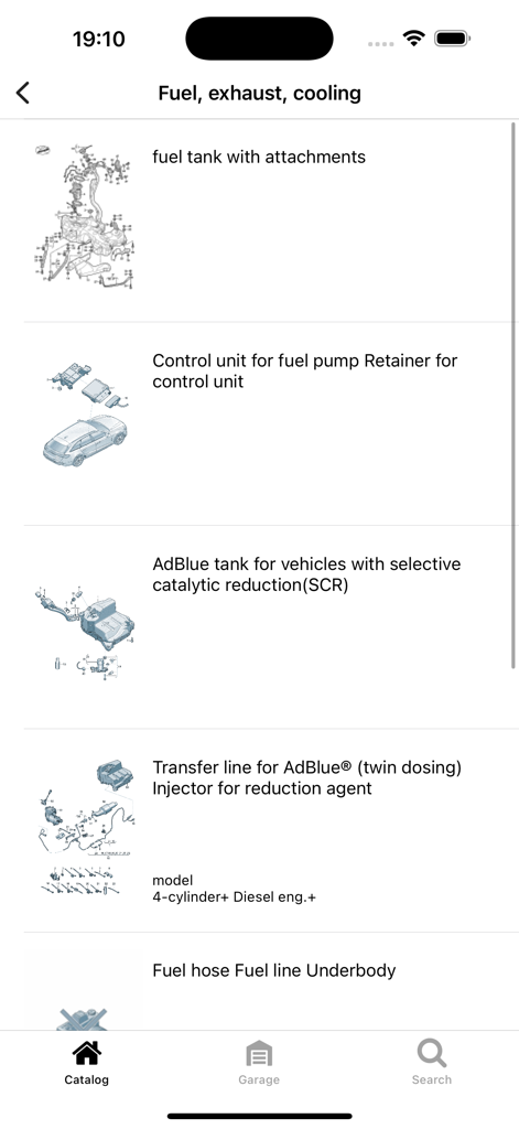 Detailed assembly diagrams for Audi fuel and exhaust systems in the parts catalog app.