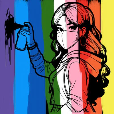 realistic girl with mask spray painting a wall