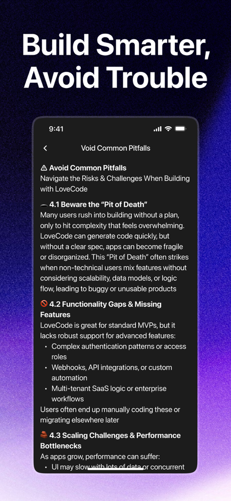 LoveCode Dev AI Guide - A screen from the LoveCode app showing a guide on how to avoid common pitfalls when building apps with AI.