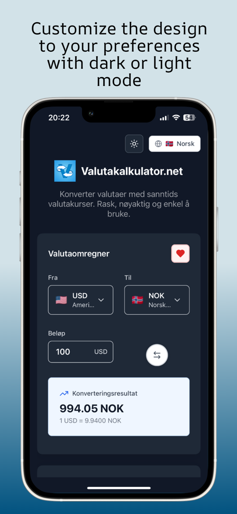 Valutakalkulator.net - Valutakalkulator currency converter app interface showing USD to NOK conversion in dark mode