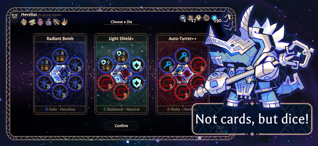 Astrea: Six-Sided Oracles - Astreaの安全、バランス、リスクの高いプレイ方法のダイス選択オプションを表示するゲームプレイ画面