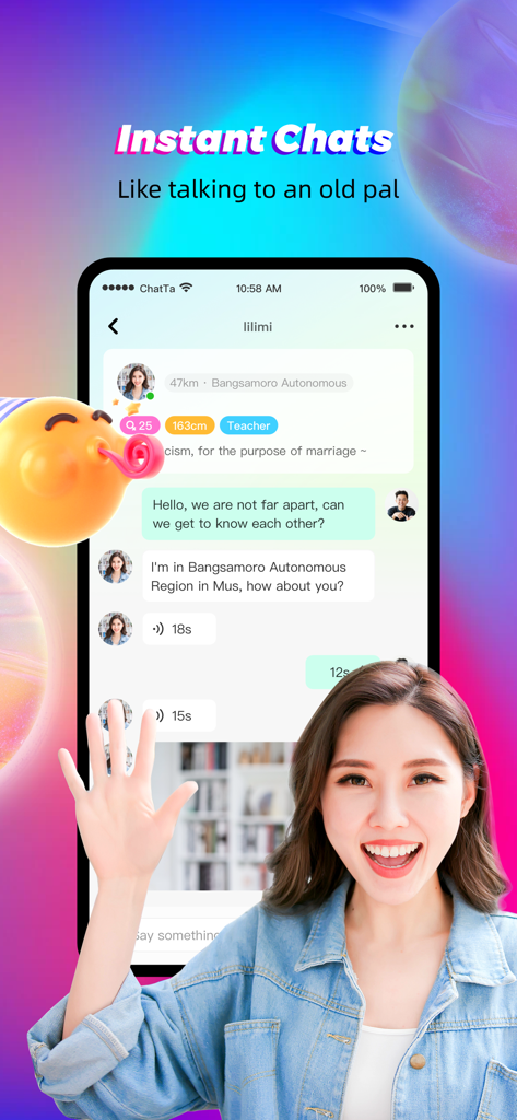 Chatta app screenshot showing the instant chat feature with text and voice messages and a friendly smiling woman waving