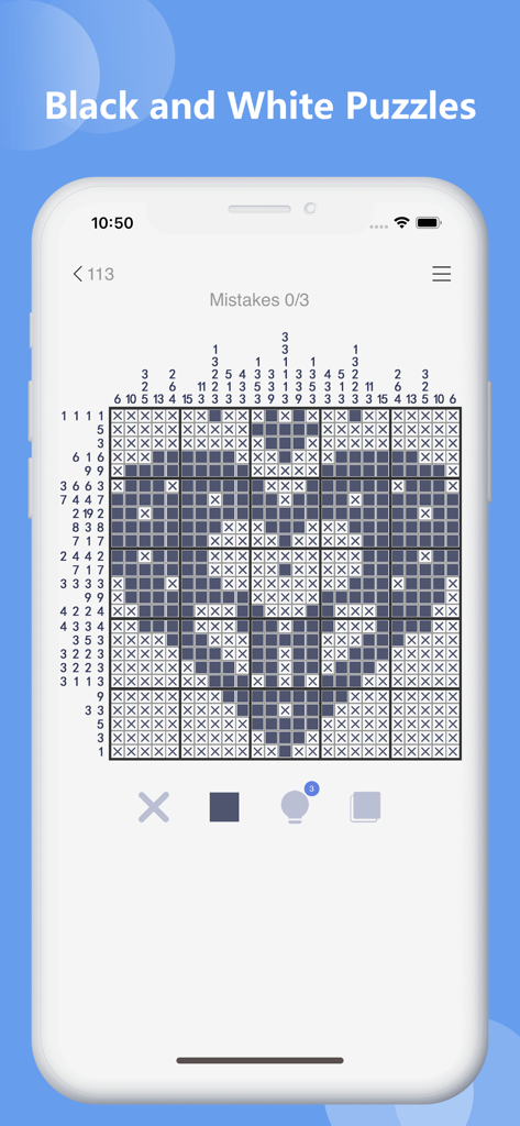 Pantalla de smartphone que muestra una cuadrícula de rompecabezas de lógica Nonogram en blanco y negro