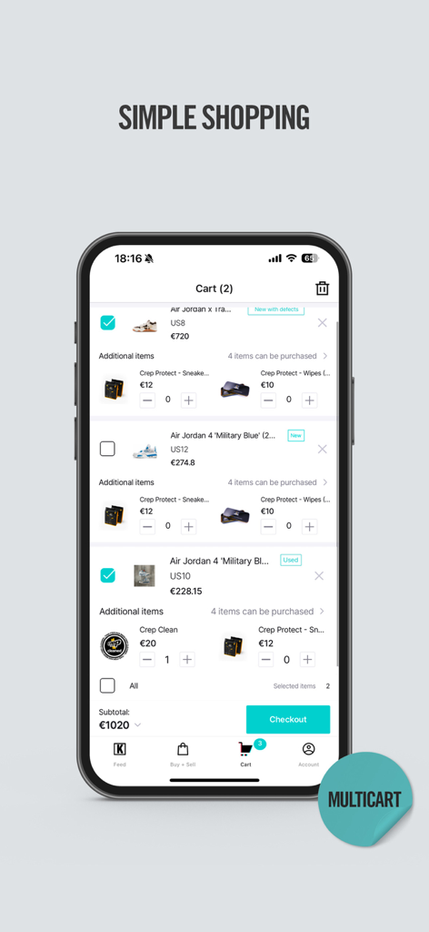 Écran du panier d'achat de l'application mobile KLEKT avec des baskets et des accessoires.