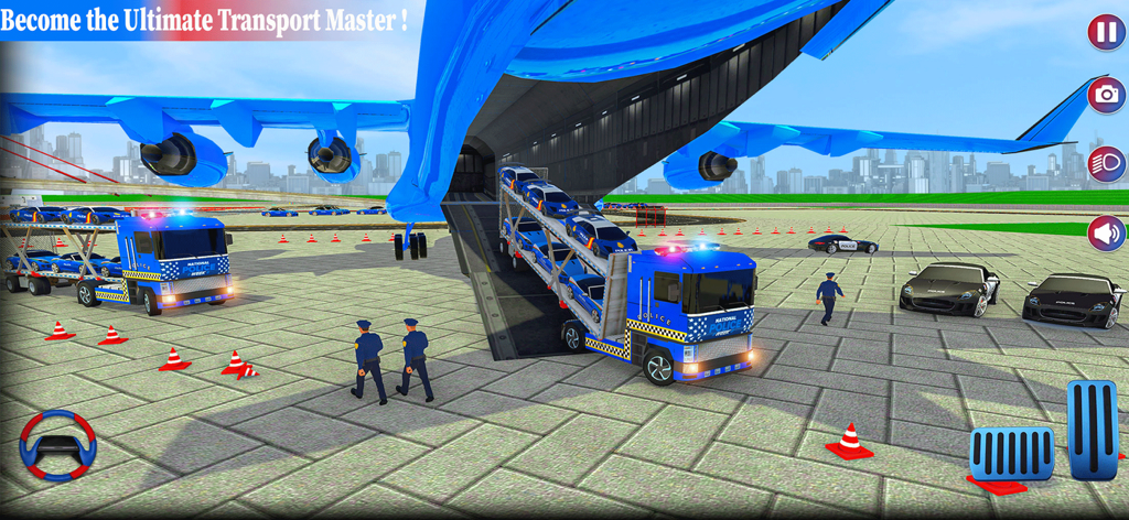 Police Car Transporter Game 3D - A police transport truck loading cars into the back of a large cargo airplane at an airport