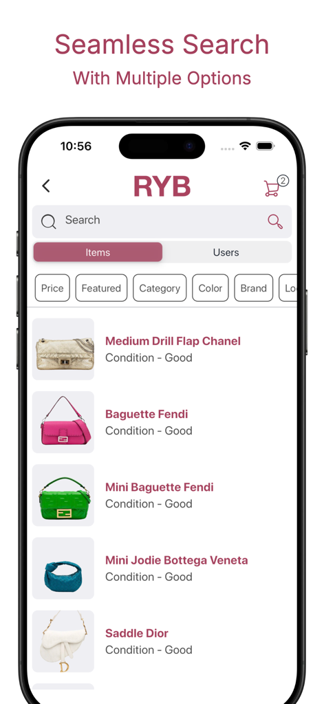 Pantalla de búsqueda de la aplicación Rent Your Bag que muestra bolsos de lujo en alquiler como Chanel Fendi y Dior con filtros por precio y marca.