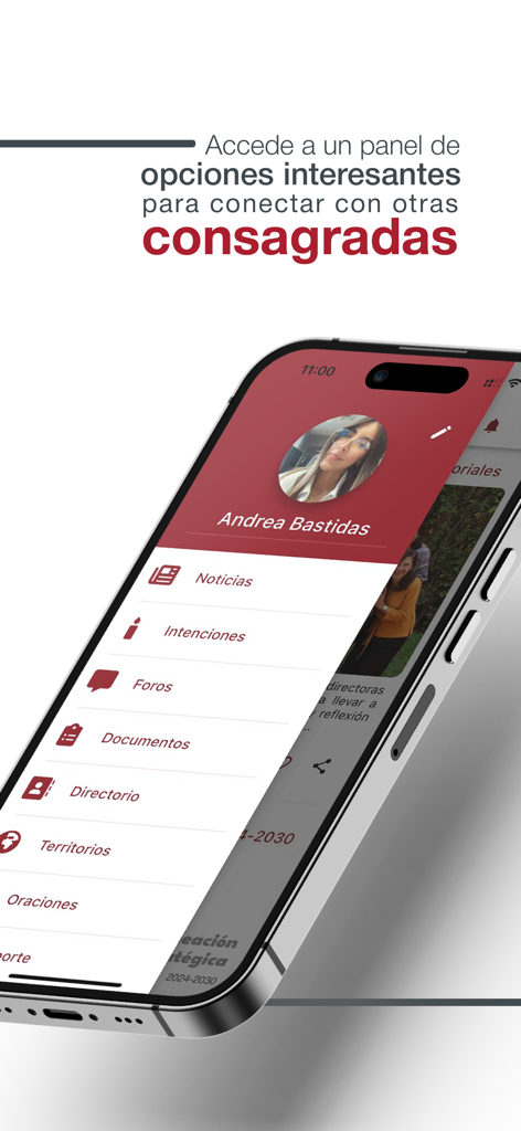 Navigation menu of the Consagradas Regnum Christi app for connecting consecrated women