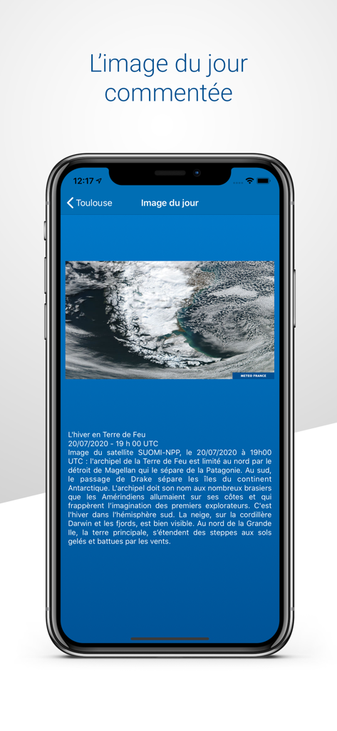 Screenshot dell'app Meteo France che mostra un'immagine satellitare del giorno con commenti meteorologici professionali.