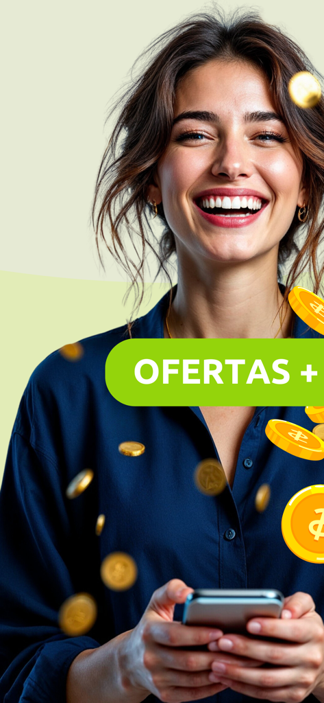 Une femme souriante tenant un smartphone avec des pièces d'or tombant autour d'elle et une bannière verte indiquant OFERTAS plus
