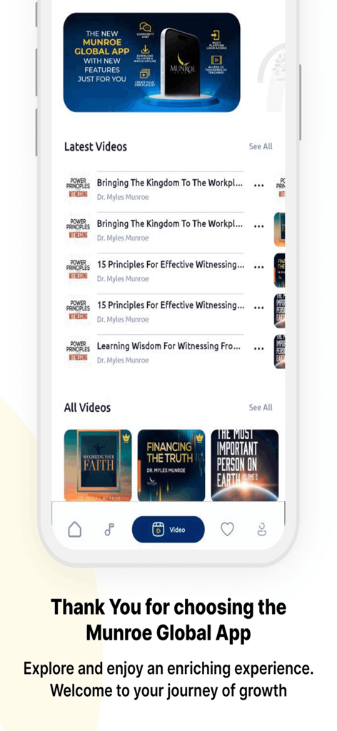 Munroe Global Media - Munroe Global Media mobile app interface featuring video teachings on leadership and purpose