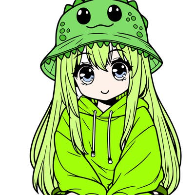 girl with anime shaped eyes with a dinosaur bucket hat oversized sweatshirt long straight hair