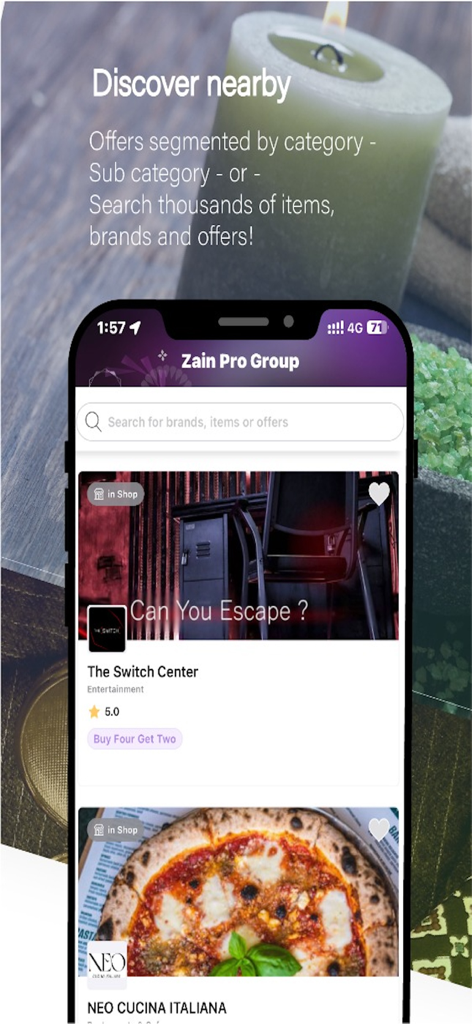 Meeza - A mobile phone screen displaying the Meeza app discovery page with restaurant and entertainment deals