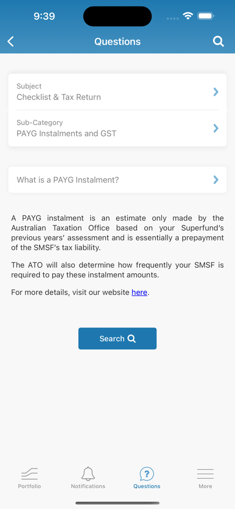 ESUPERFUND - ESUPERFUND mobile app screen with information on PAYG instalments and tax returns