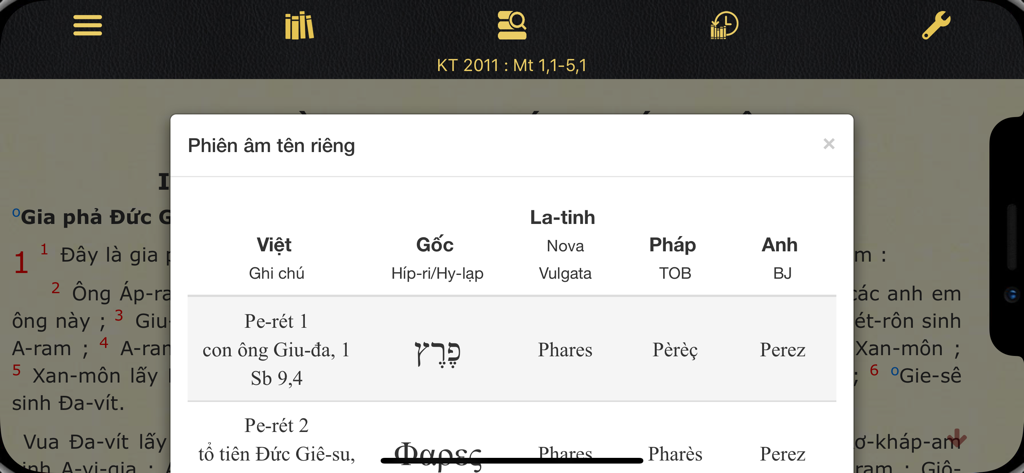 Comparative table of biblical name transcriptions in various languages within the KTCGKPV app