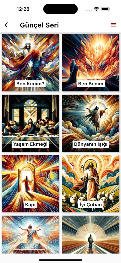 A grid of artistic illustrations for religious series in the Turkish Bible app