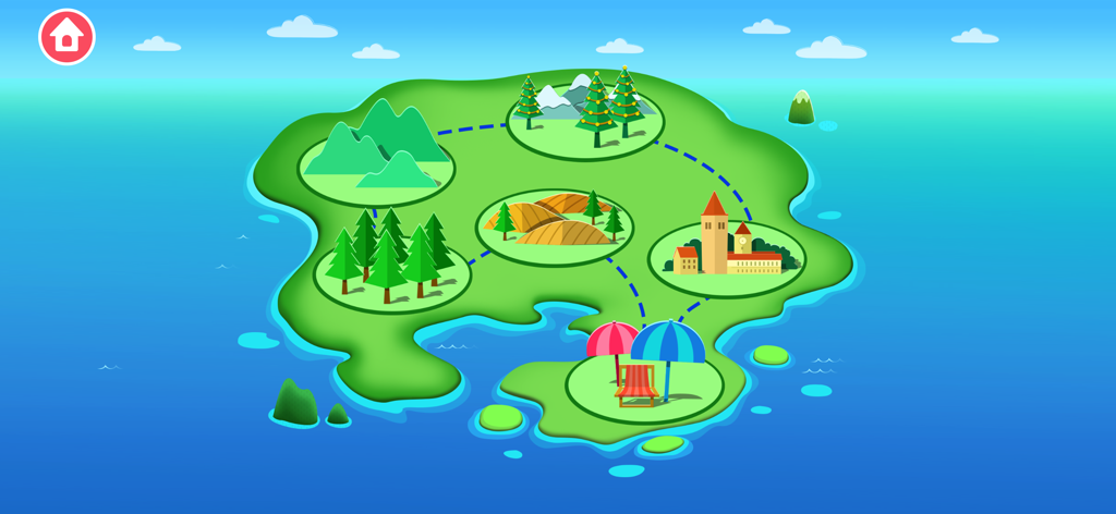 Train Builder Games for kids - 山、森、街、ビーチなど、電車の旅の目的地が描かれたカラフルな漫画風の島の地図。