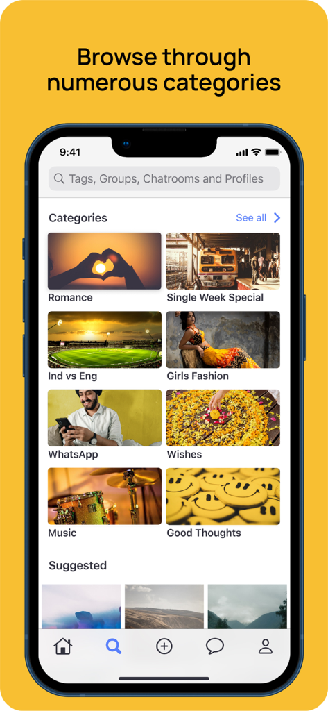 ShareChat mobile app interface showing various content categories like Romance Cricket and Fashion on an iPhone screen