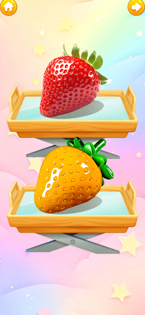 Satisfying AI ASMR - Um morango vermelho realista e um morango amarelo brilhante gerado por IA em tabuleiros de madeira contra um fundo de estrelas pastel.