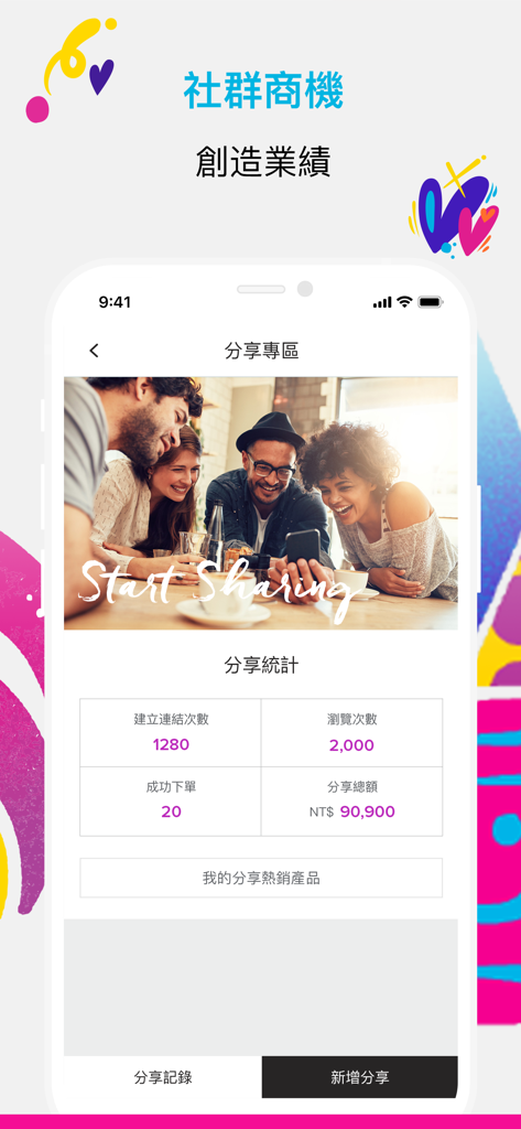 Nu Skin 新享購 - Nu Skin app dashboard showing social sharing statistics and sales performance in Traditional Chinese