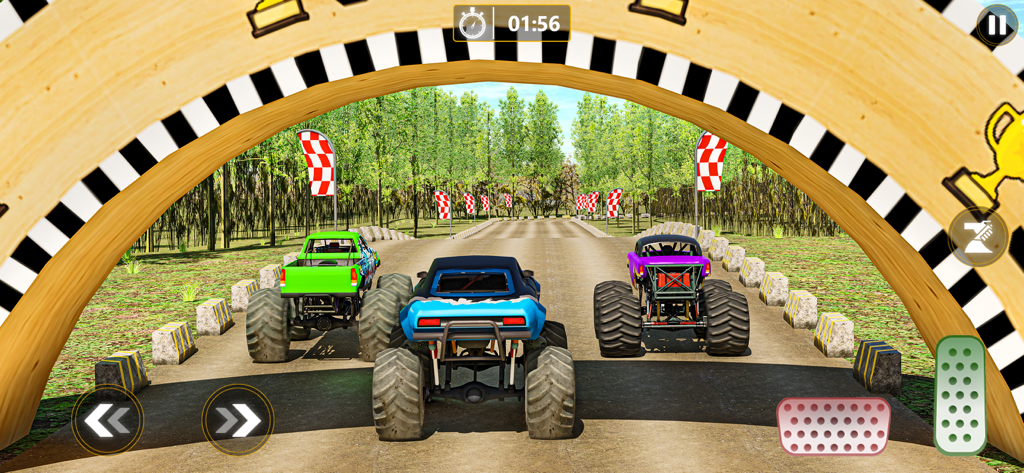 Three colorful monster trucks lined up at the starting line of a forest race track with on-screen game controls.