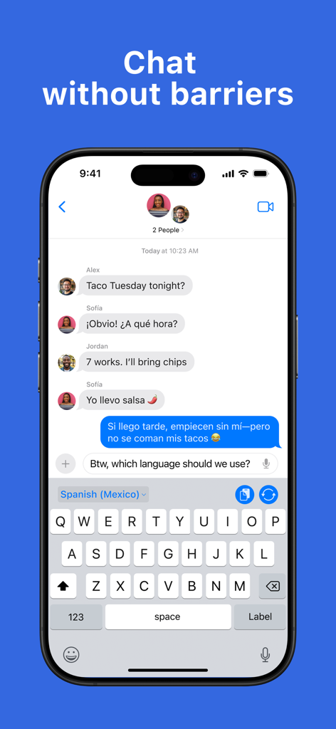 Translator Keyboard: Transly - A smartphone screen showing the Transly keyboard translating a multilingual group chat in real time