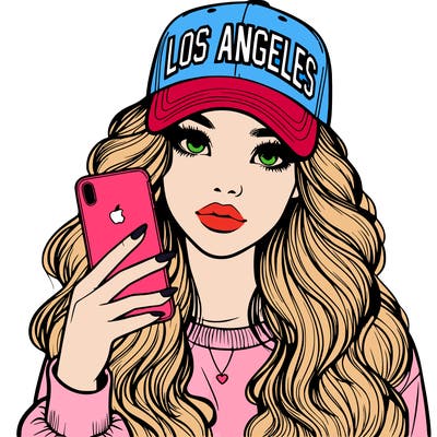 realistic beautiful girl wearing los ángeles cap holding an iphone