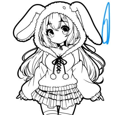pretty anime girl wearing a fluffy hoodie with bunny ears on the hood and a skirt