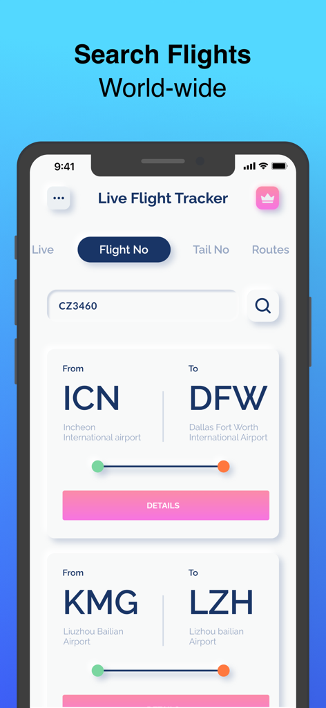Interface do aplicativo Live Flights Tracker mostrando uma busca mundial por números de voo com detalhes de chegada e partida