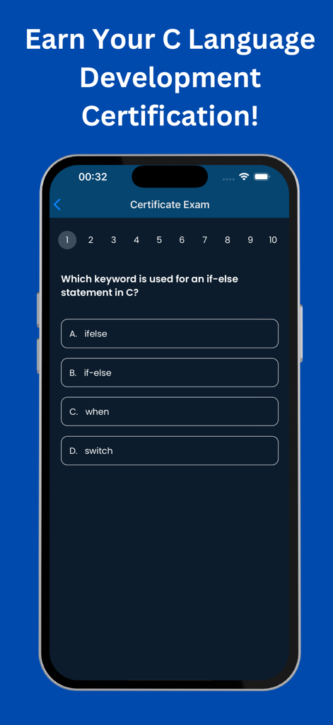 Learn C & IDE - CoddyKit - Una captura de pantalla de la aplicación CoddyKit que muestra una pregunta de opción múltiple para un examen de certificación de programación en lenguaje C
