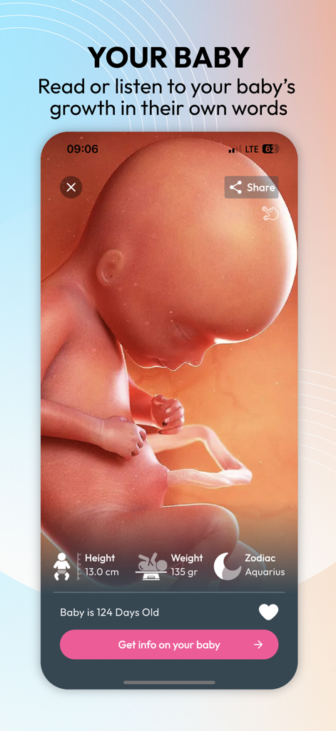 Miracle Mom Pregnancy Tracker - Miracle Mom app screenshot showing a 3D fetus visualization with baby height and weight stats