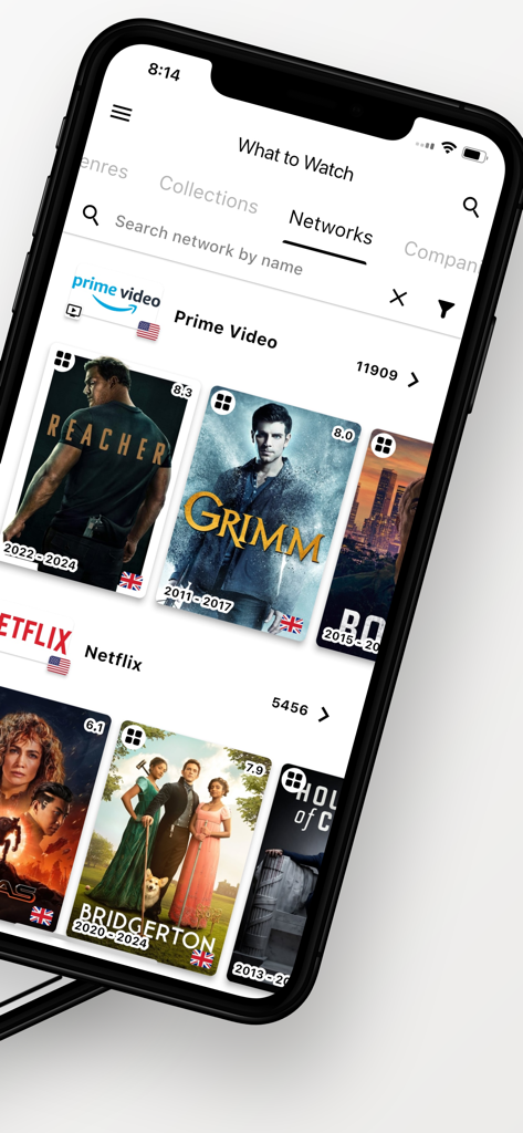 Interface of the What to Watch app displaying a list of streaming networks like Prime Video and Netflix with popular TV series recommendations.
